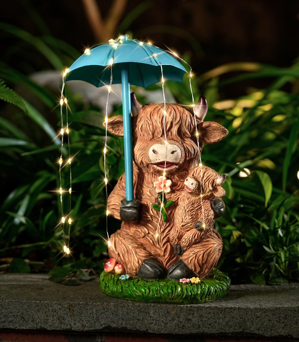 Joint Honglin solar garden statue of a Highland cow with umbrella lights for cozy evenings.