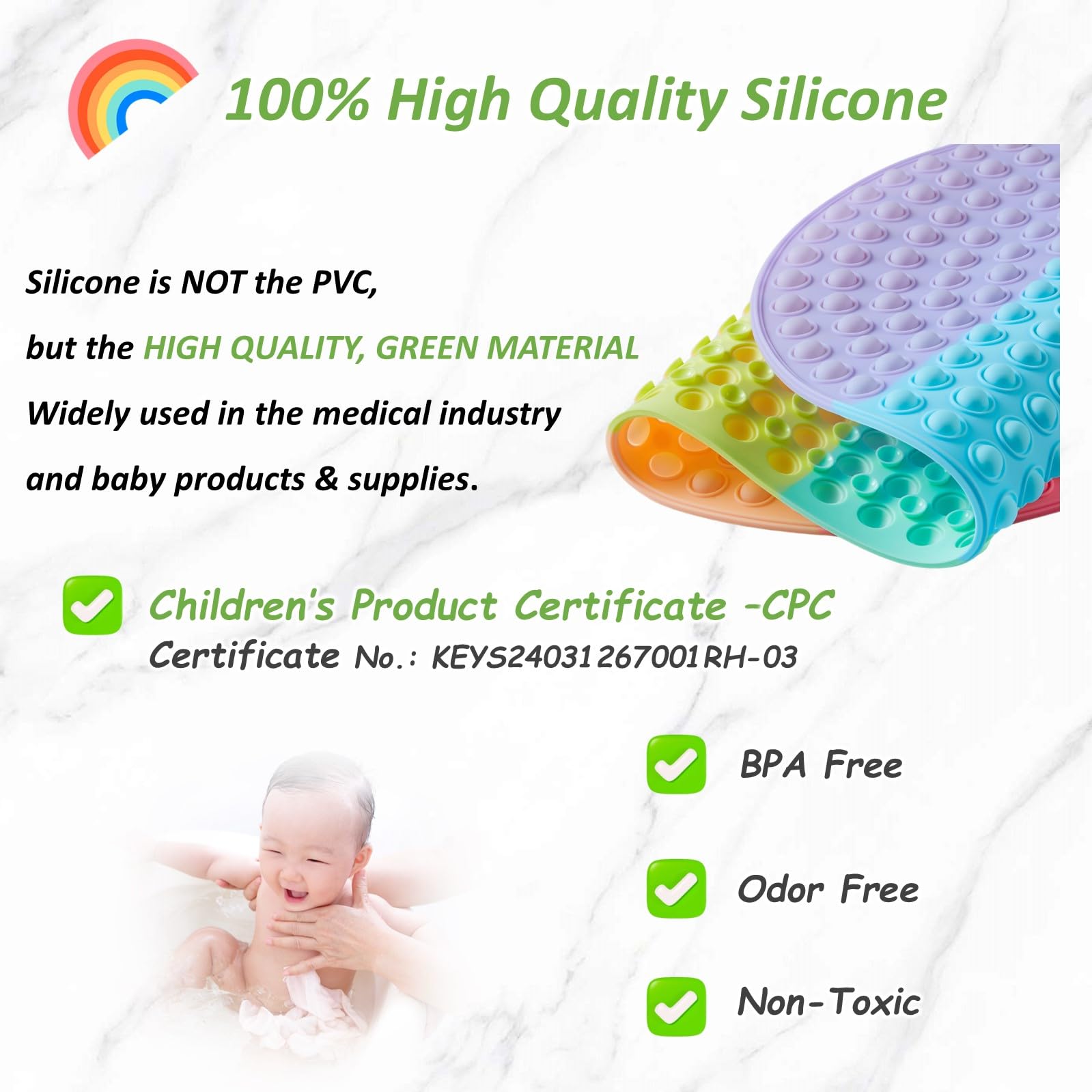 Joiyota CPC-certified non-slip bath mat keeps toddlers steady on wet tub surfaces.