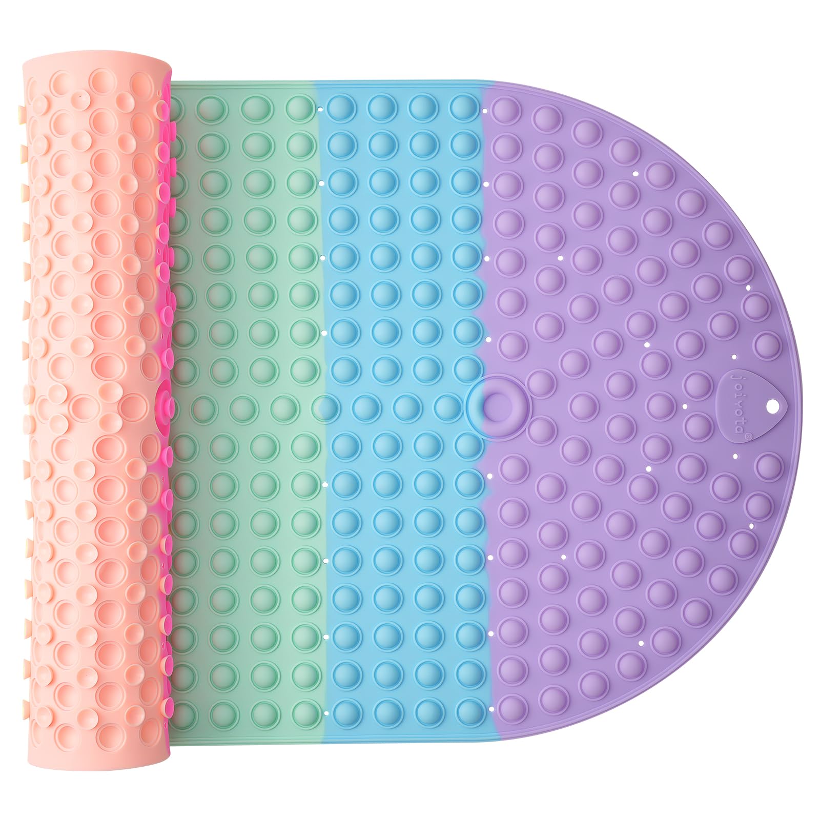 Joiyota rainbow bath mat front view showing colorful bubbles for engaging sensory play.