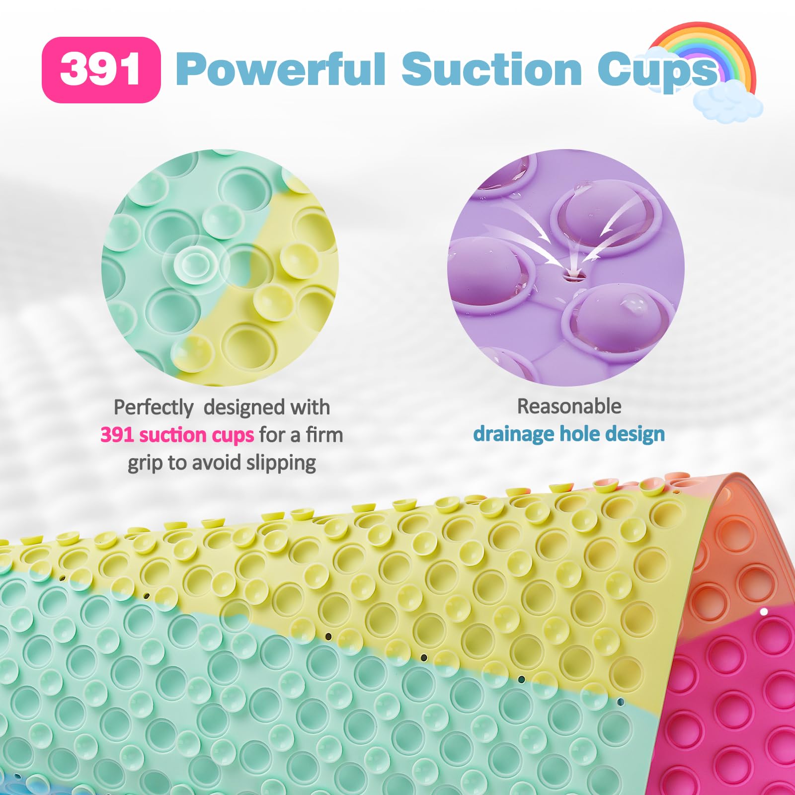 Joiyota rainbow bath mat suction cups close-up highlighting secure grip in tub.