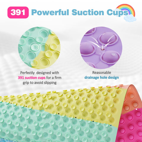 Joiyota rainbow bath mat suction cups close-up highlighting secure grip in tub.