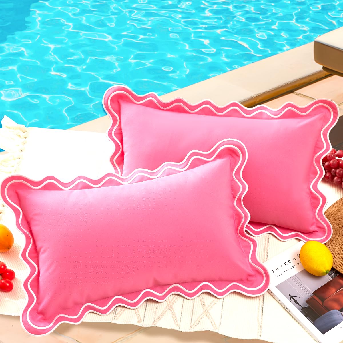 JOJOGOGO 12x20 hot pink scalloped outdoor pillow cover front view with durable fabric
