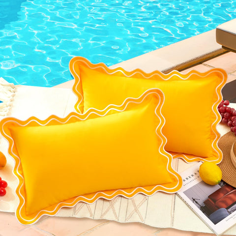 JOJOGOGO 12x20 yellow scalloped pillow cover on outdoor seating adds porch charm.