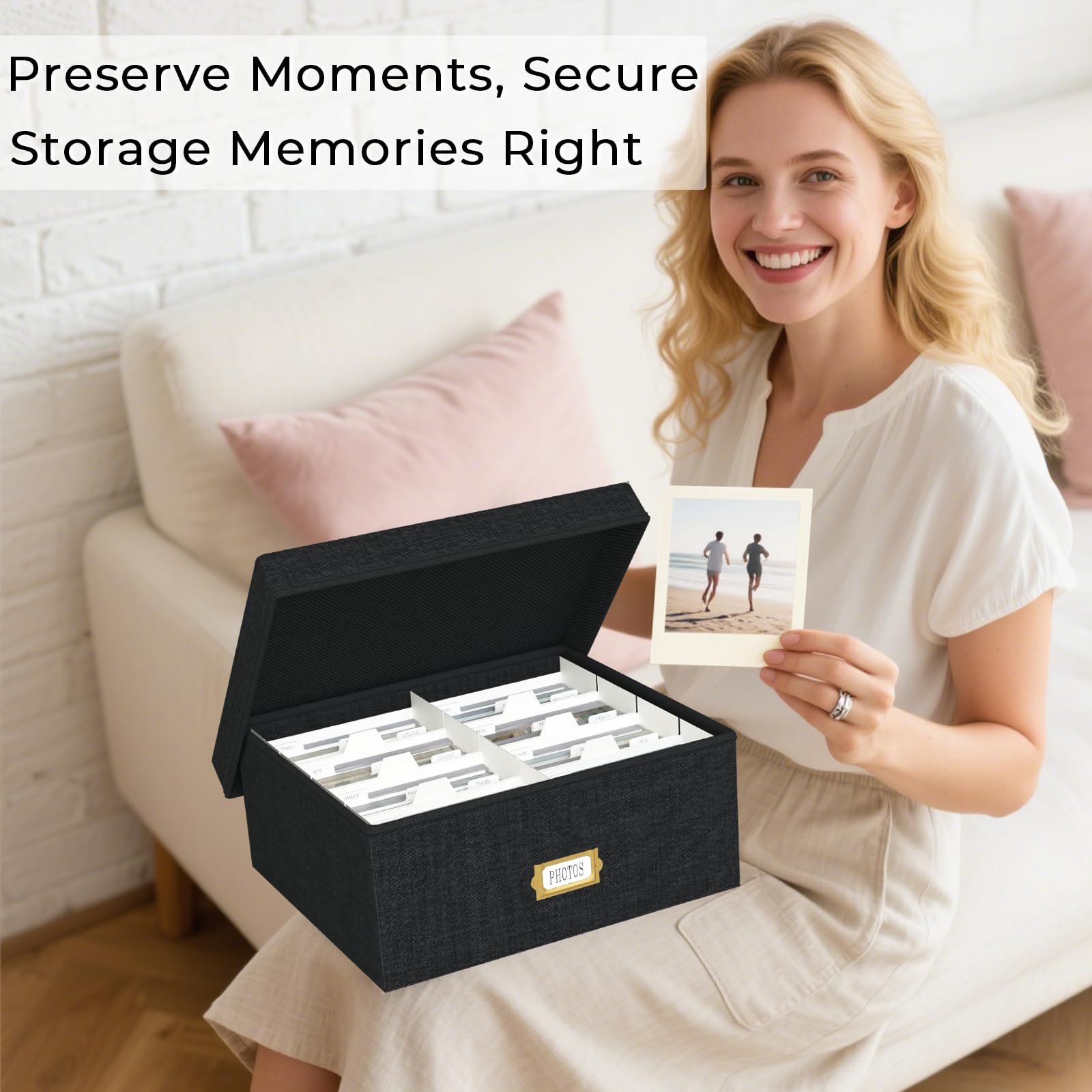 Jolensoy black linen box protects photos from dust while looking stylish.