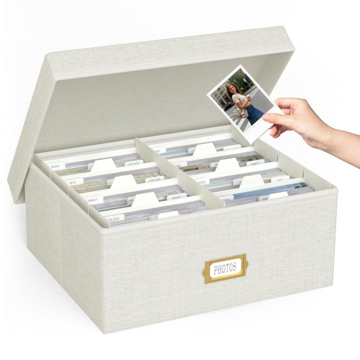 Jolensoy decorative linen photo box with lid keeps memories organized and dust-free.
