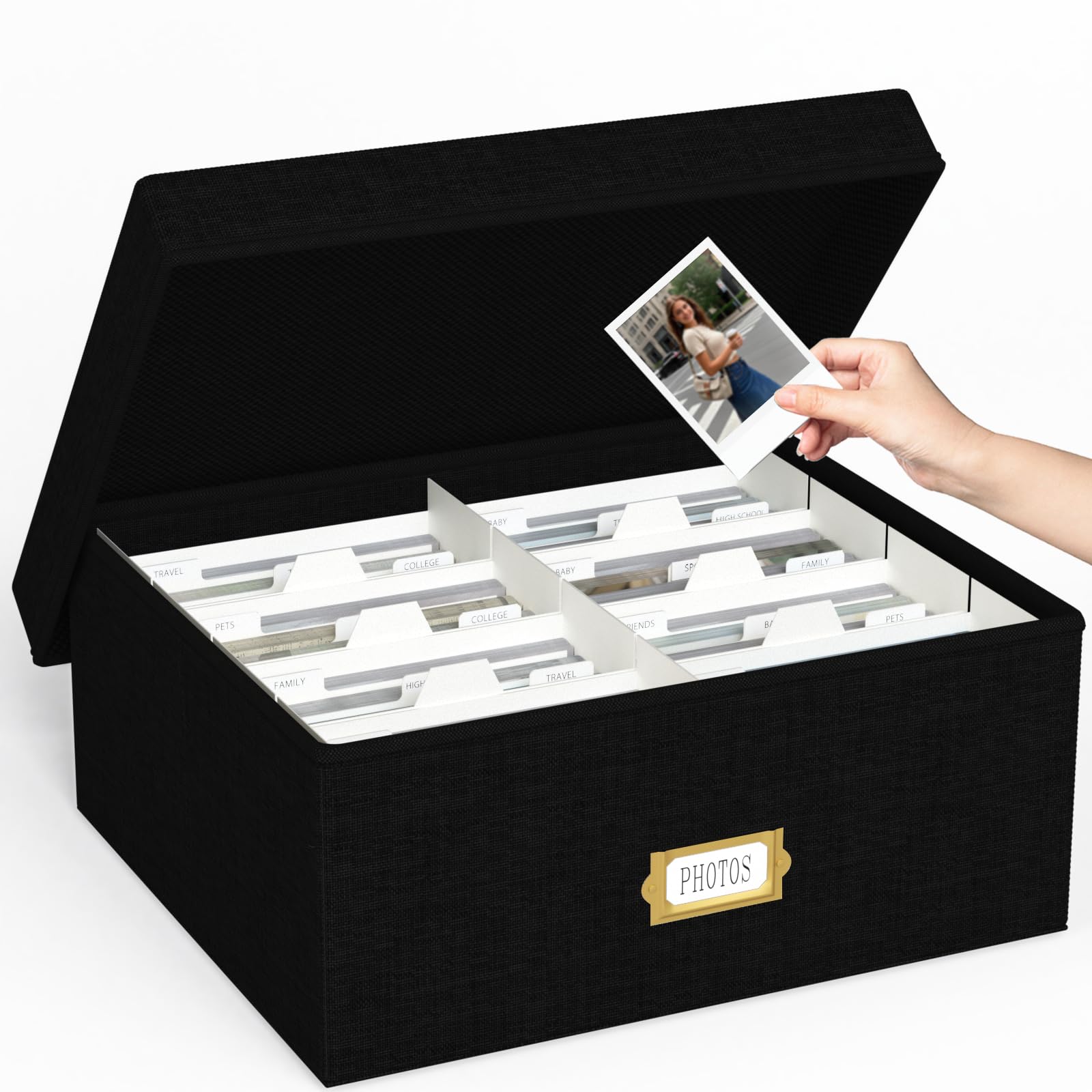 Jolensoy decorative linen storage box with lid showing 8 compartments for 4x6 photos.