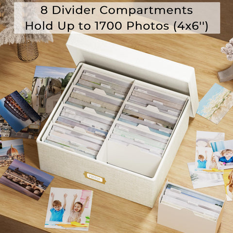 Jolensoy linen photo box with dividers inside helps sort memories.