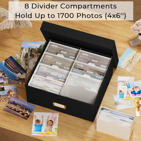 Jolensoy black linen photo box opened to reveal sturdy dividers for organization.