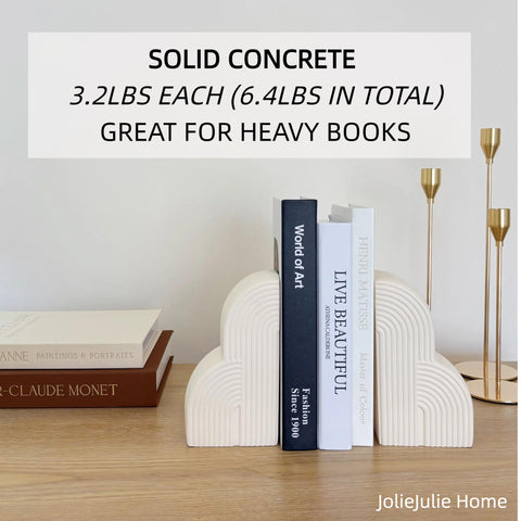 JolieJulie concrete bookends showcase boho chic style for a decorative shelf.