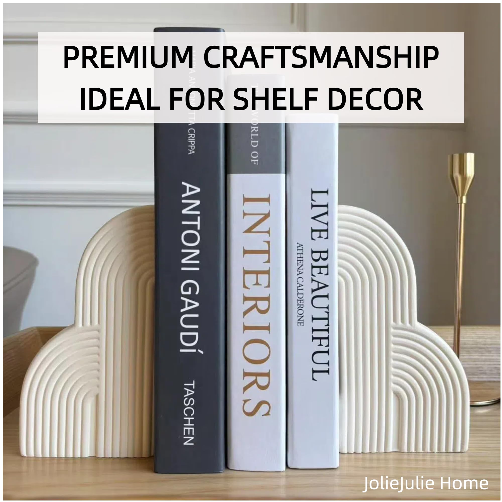 JolieJulie concrete bookends on an office shelf help keep items organized.