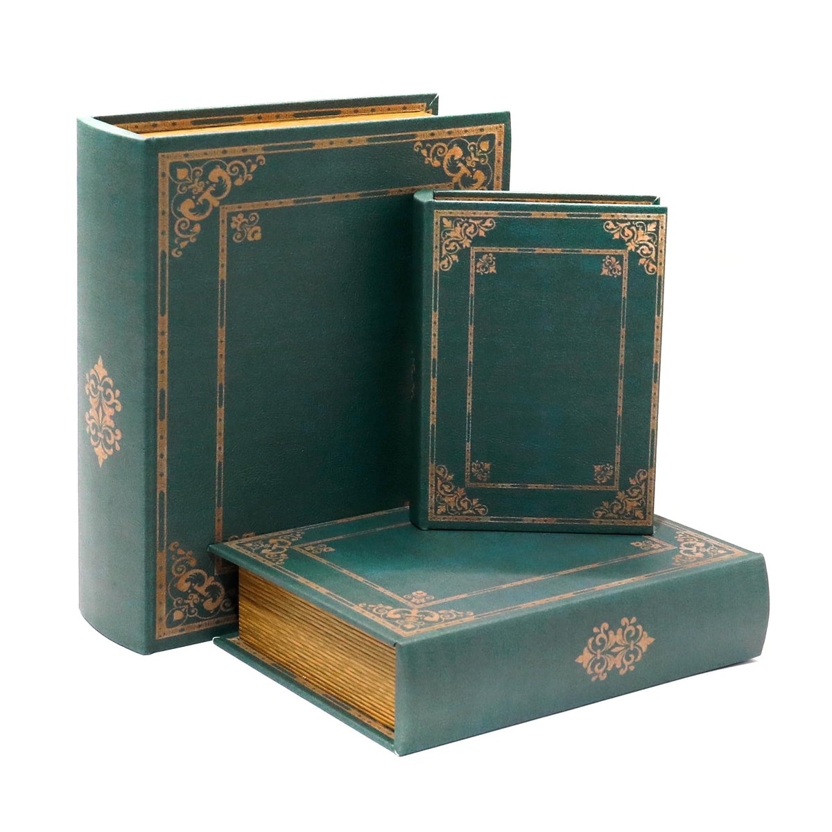 Jolitac vintage green book boxes trio front view showing rustic storage