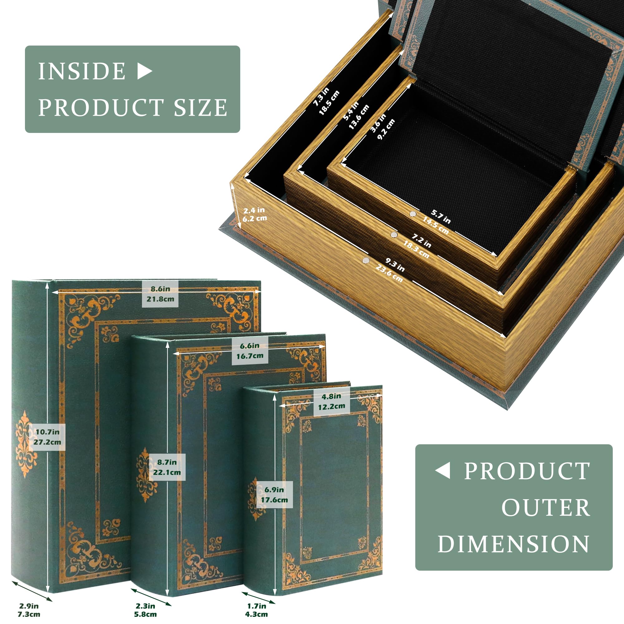 Jolitac vintage green book boxes stacked on shelf for organized display