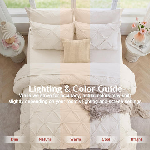 JOLLYVOGUE beige bedroom look with coordinated bedding ensemble.