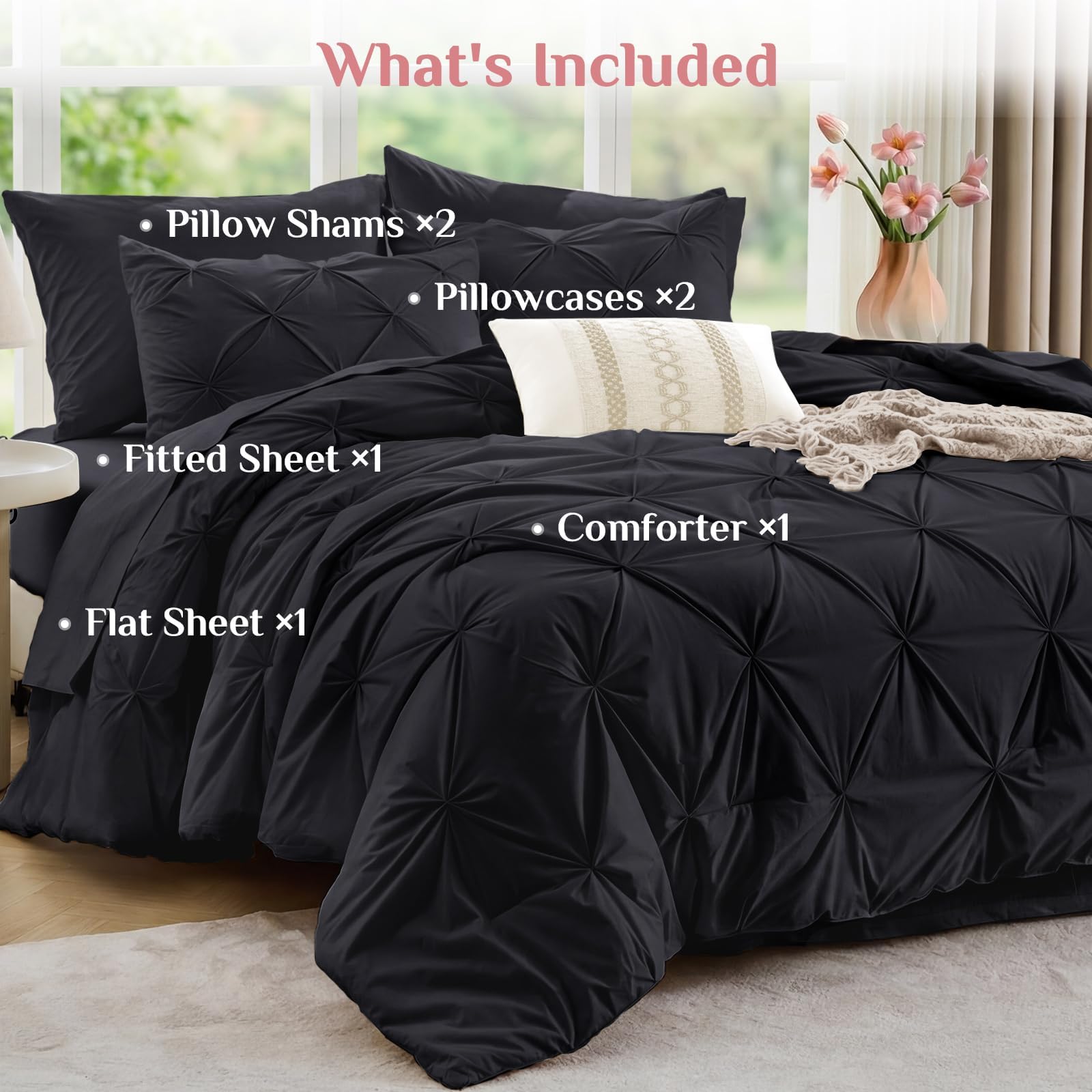 JOLLYVOGUE Black Queen pillowcases and shams enhance hotel-style styling.