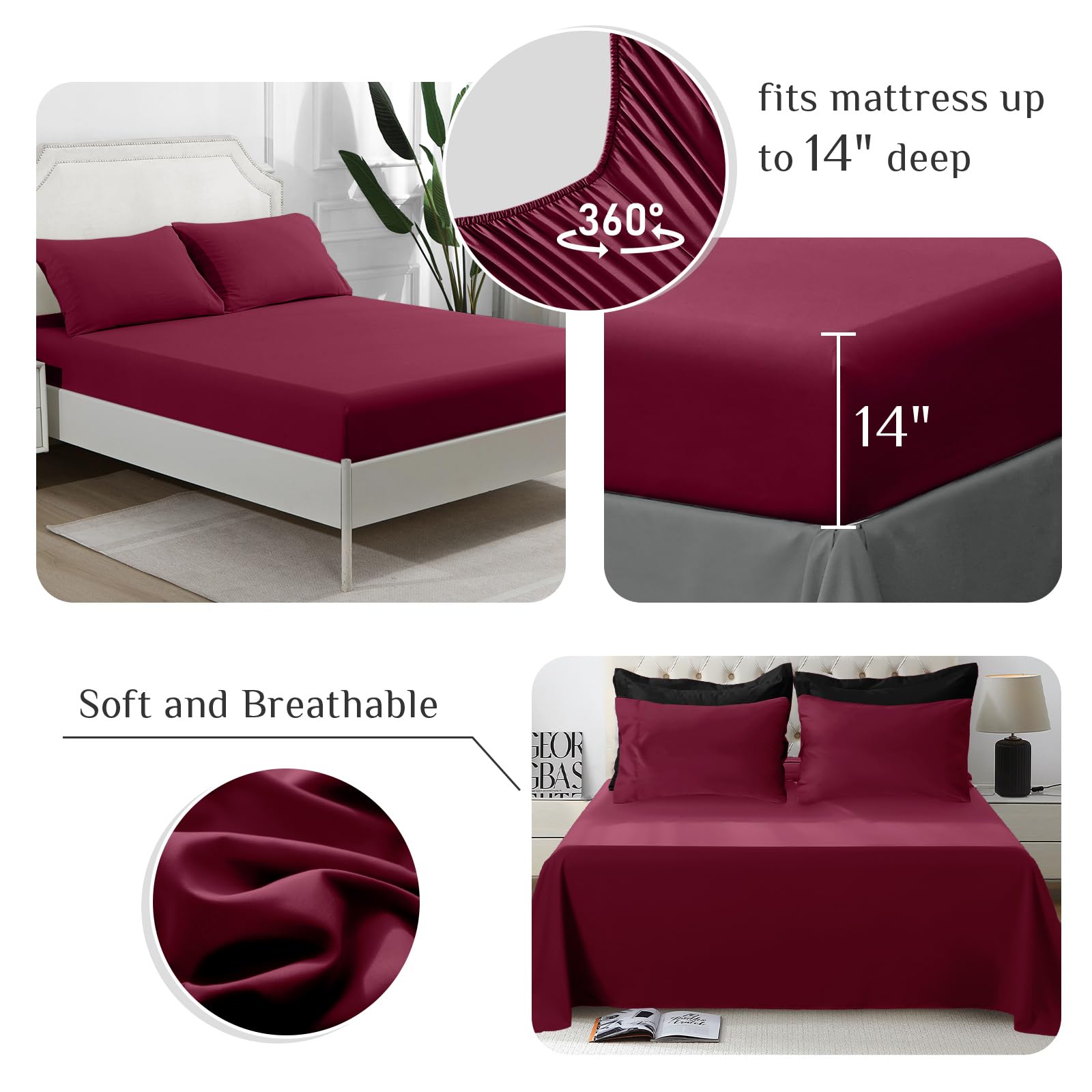 JOLLYVOGUE Deep-pocket fitted sheet securing a 10-14 inch mattress.