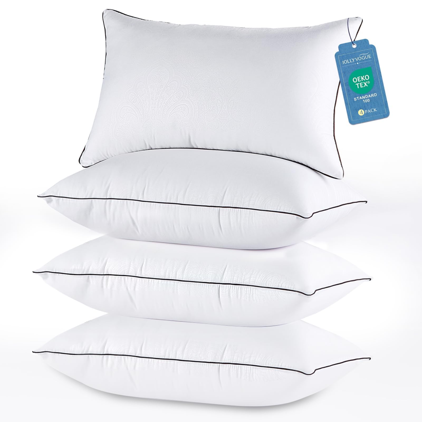 JOLLYVOGUE queen four-pack pillows with generous loft for all sleeping positions.
