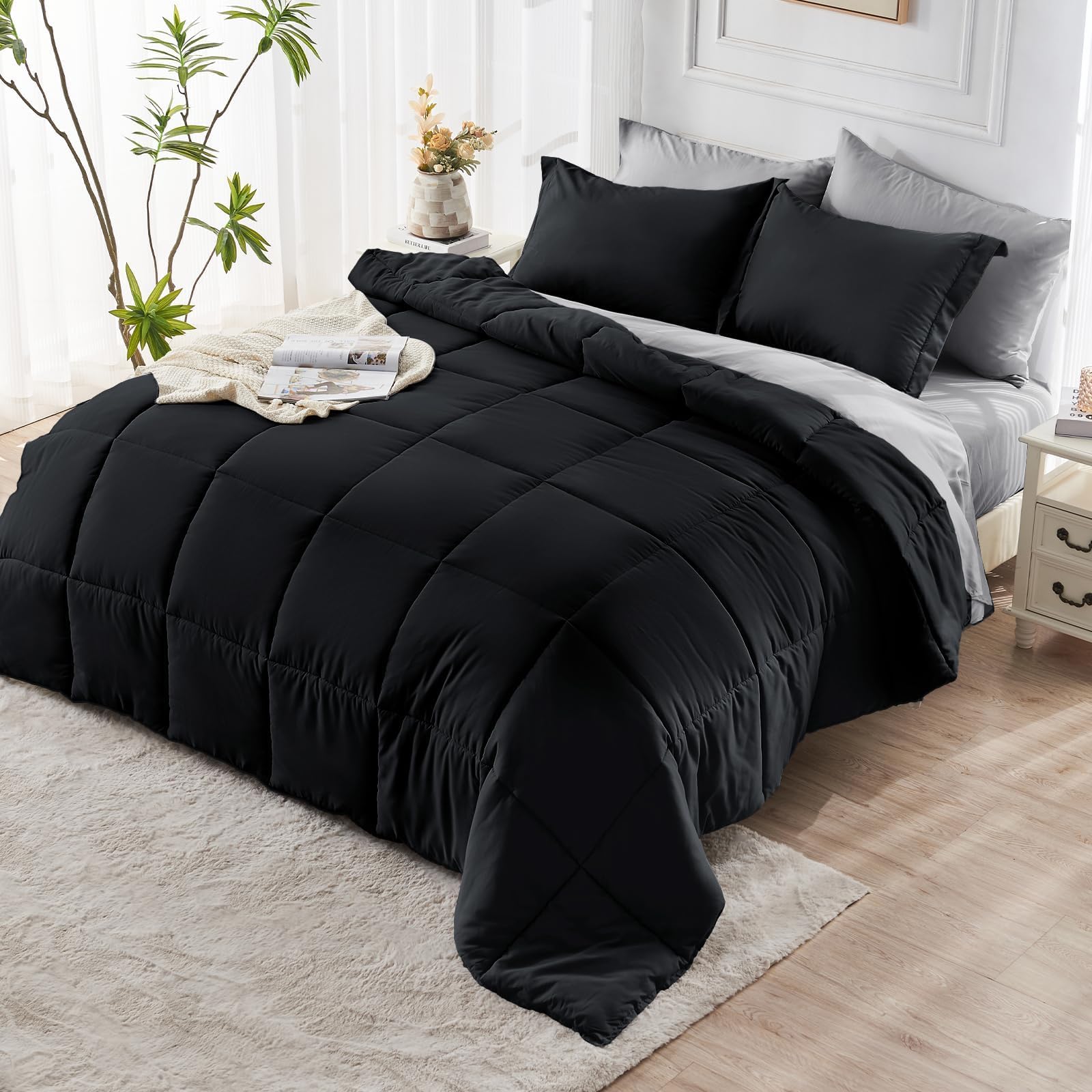 JOLLYVOGUE Queen Comforter Set black and light gray colorway on a bed.