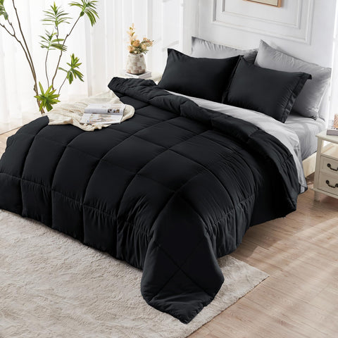 JOLLYVOGUE Queen Comforter Set black and light gray colorway on a bed.