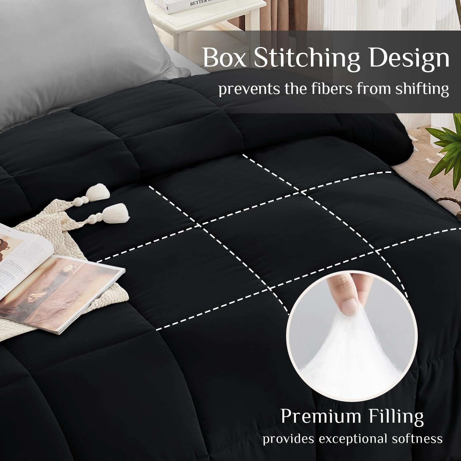 JOLLYVOGUE Queen Comforter Set grid quilting detail keeps fill evenly distributed.