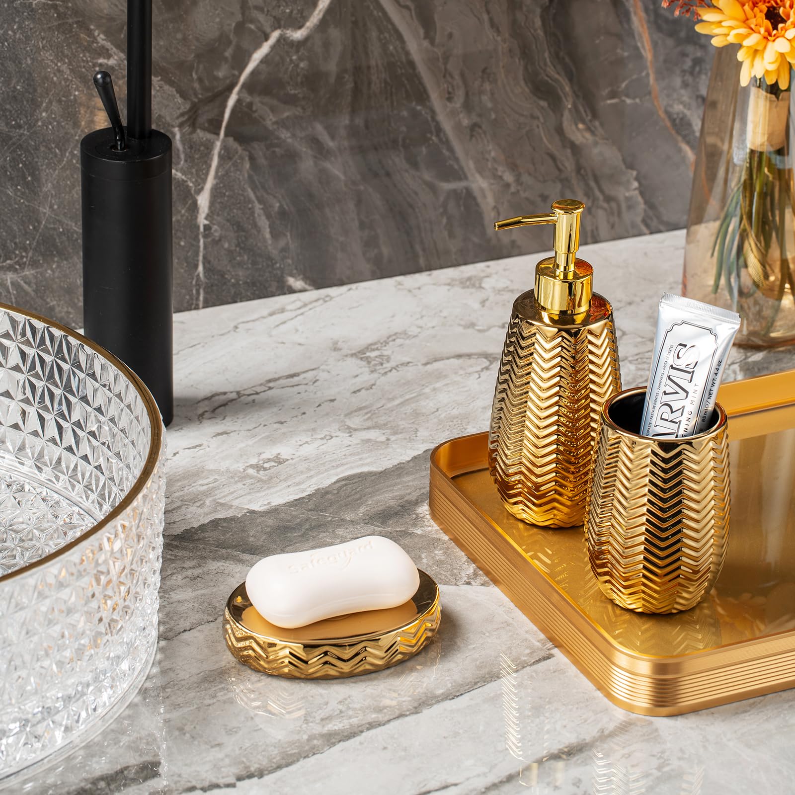 JOLOSK gold bathroom set front view showcasing cohesive three-piece design
