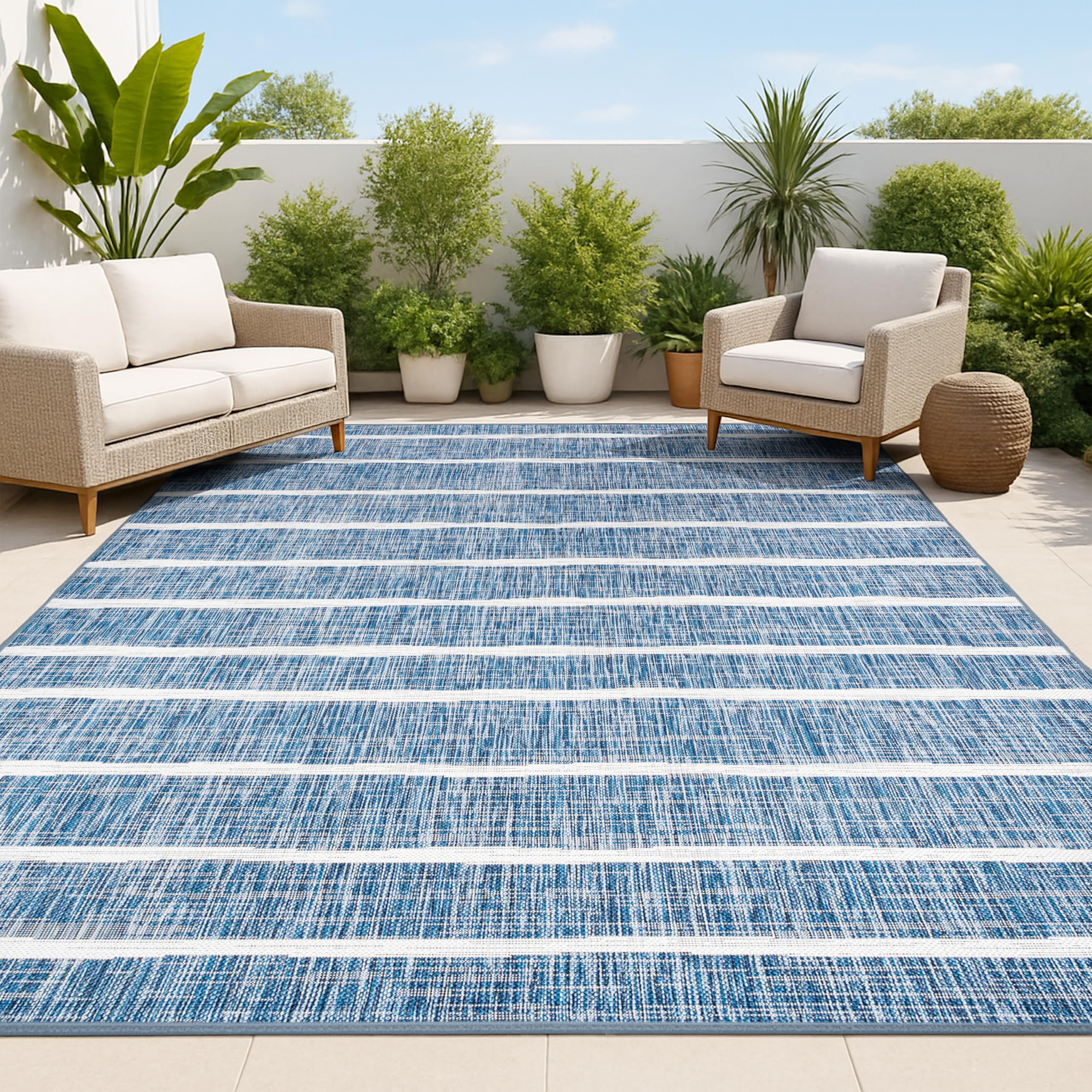 JONATHAN Y Berber Stripe rug 3x5 blue ivory, ideal for outdoor patios.