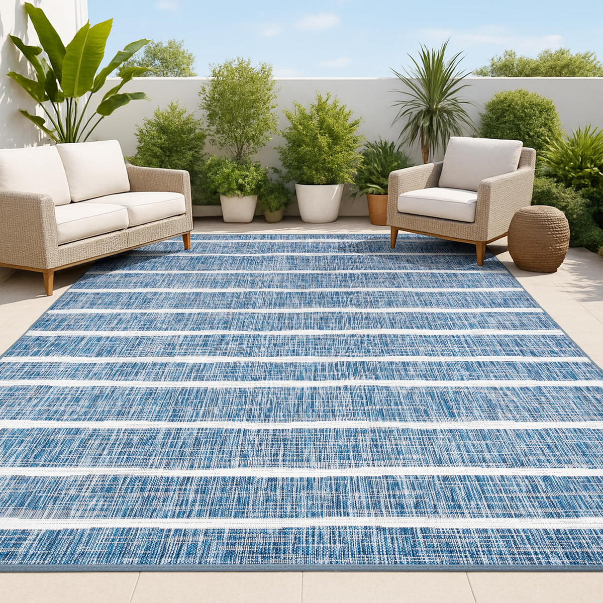 JONATHAN Y Berber Stripe rug 3x5 blue ivory, ideal for outdoor patios.