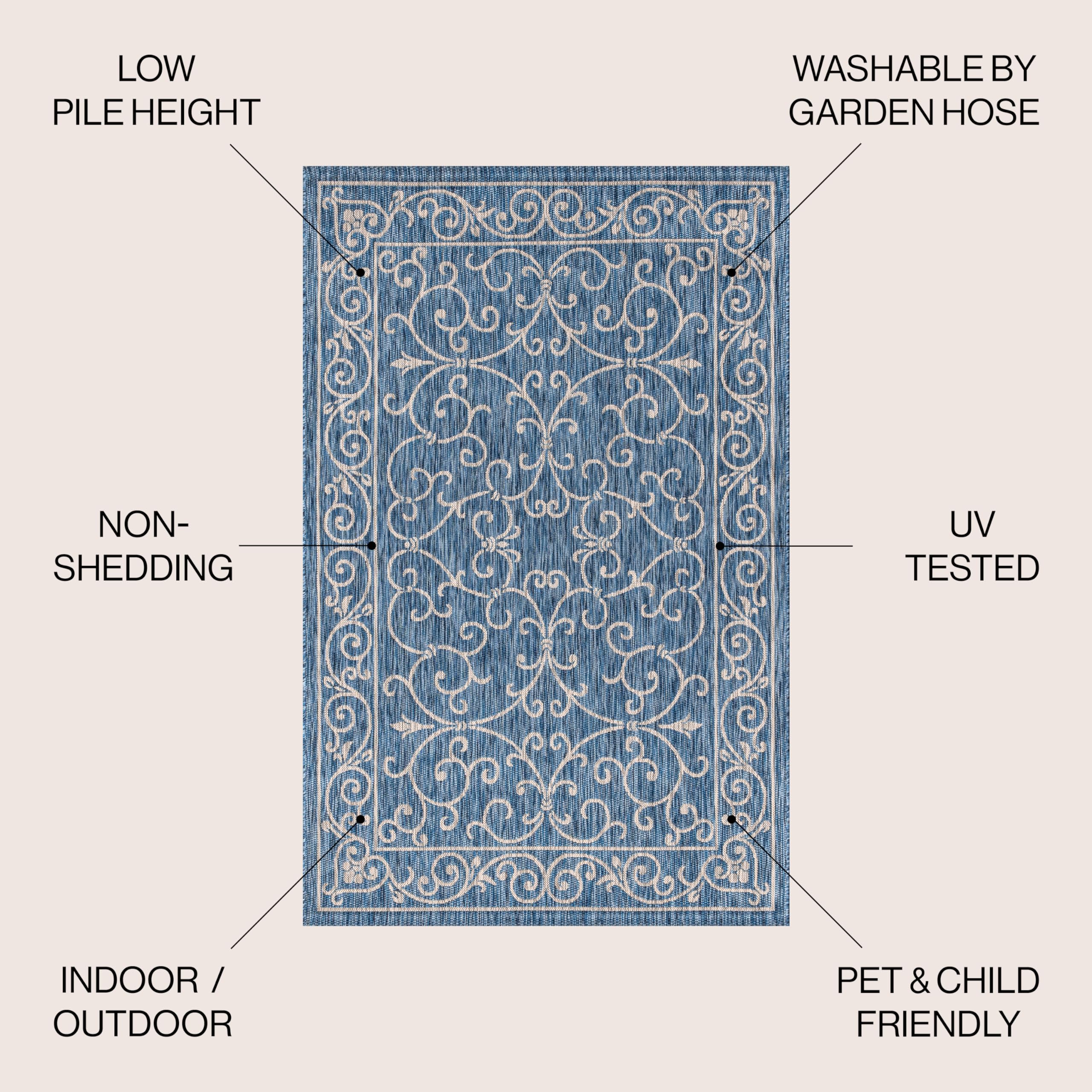 Jonathan Y boho textured weave rug in navy-gray for porch styling