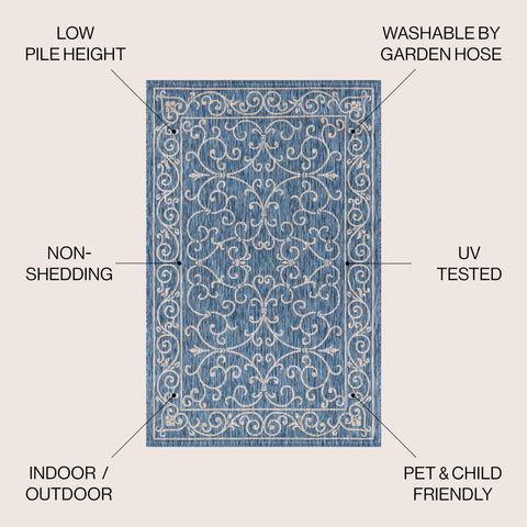 Jonathan Y boho textured weave rug in navy-gray for porch styling