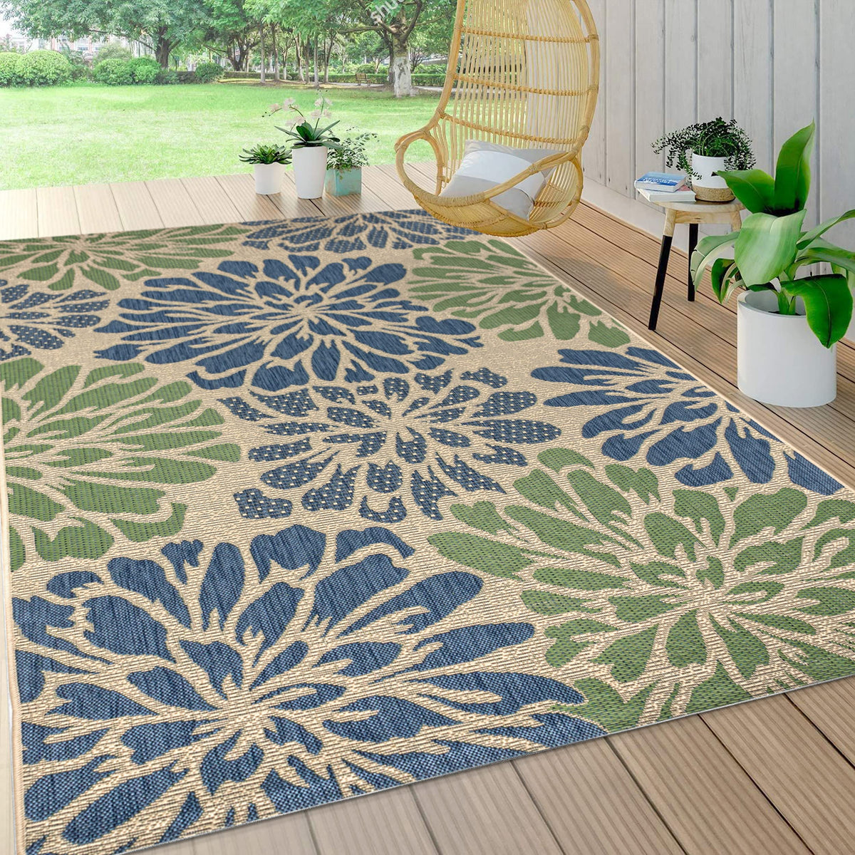 Jonathan Y floral textured weave rug 3x5 navy and green ideal for patios.