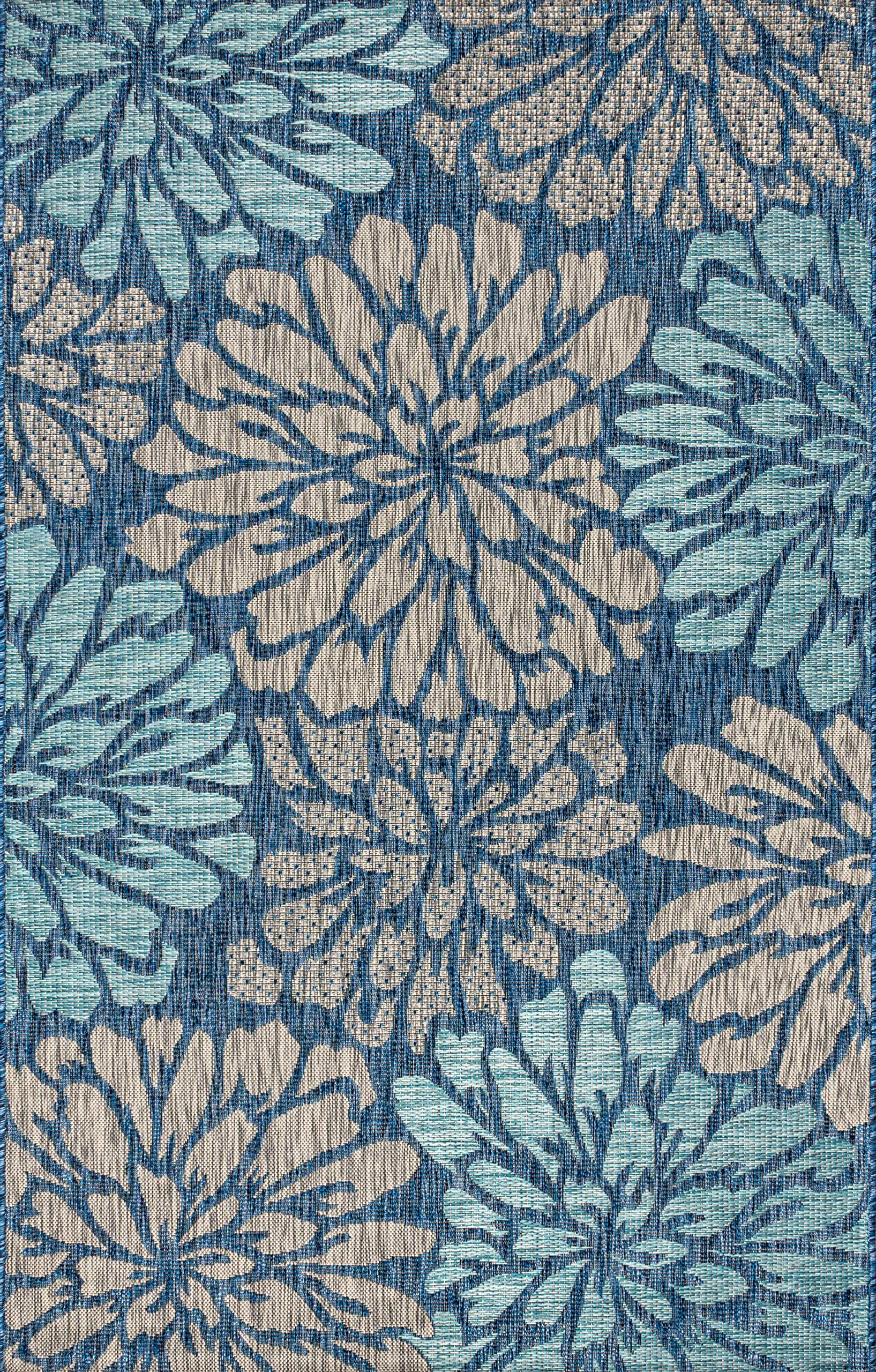 Jonathan Y close-up of blooming pattern on navy-blue floral rug for high-traffic areas