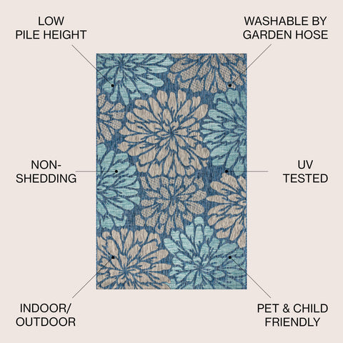 Jonathan Y rug navy aqua flowers brighten outdoor spaces with durable, easy-care fabric.