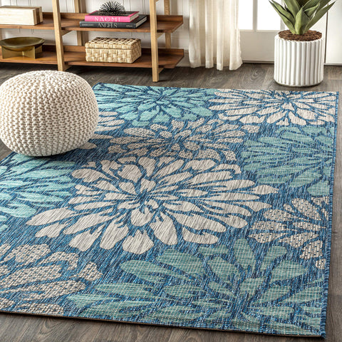 Jonathan Y navy ground floral rug with aqua accents ideal for entryways