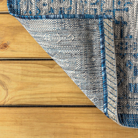 Jonathan Y navy gray rug resists fading and hides dirt in outdoor spaces