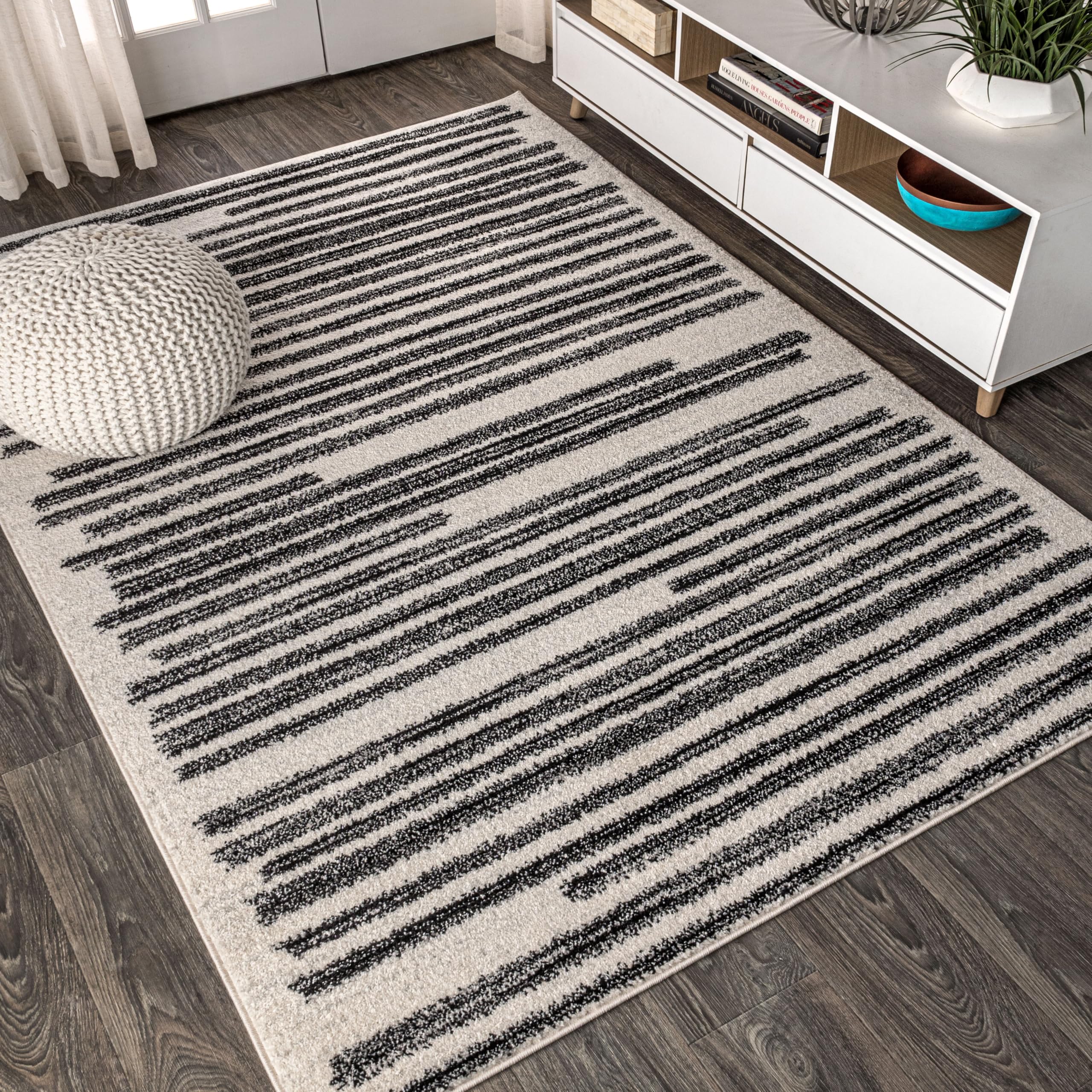 Jonathan Y Khalil stripe rug closeup shows cream and black weave for durable style