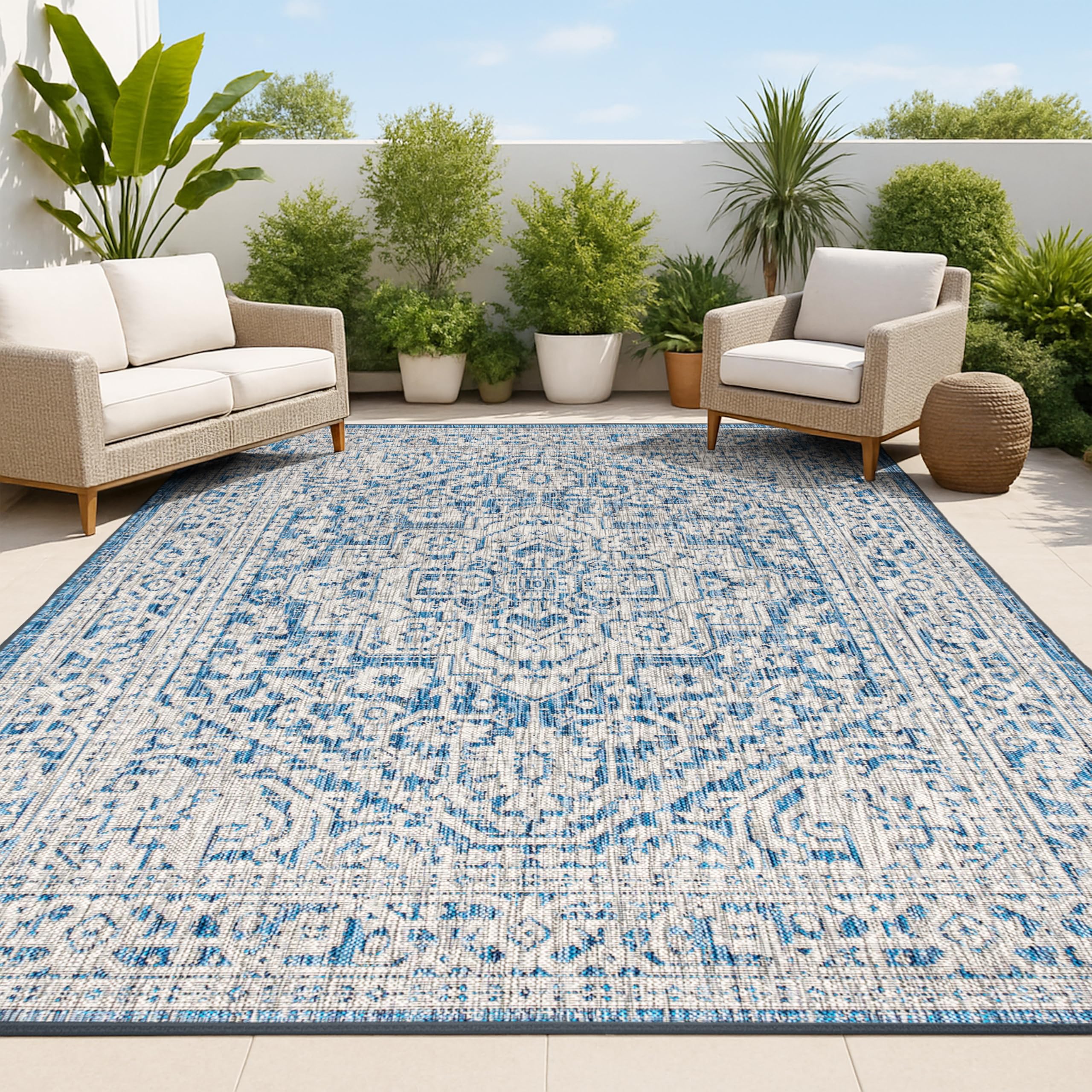 Jonathan Y Medallion-Weave outdoor rug 8x10 in navy and gray for high-traffic patios
