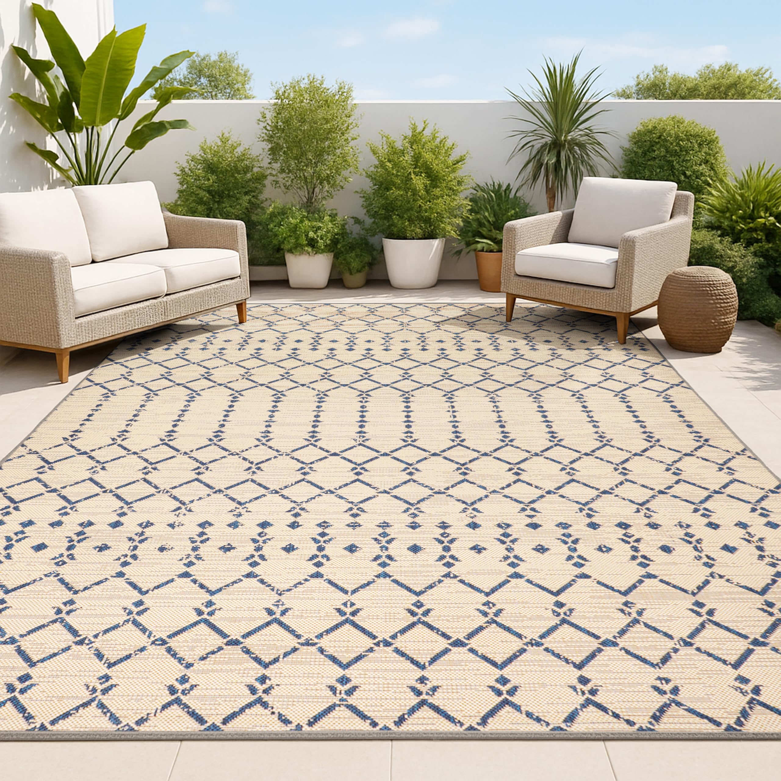 Jonathan Y Ourika rug 8x10 beige navy for outdoor durability in high-traffic areas.