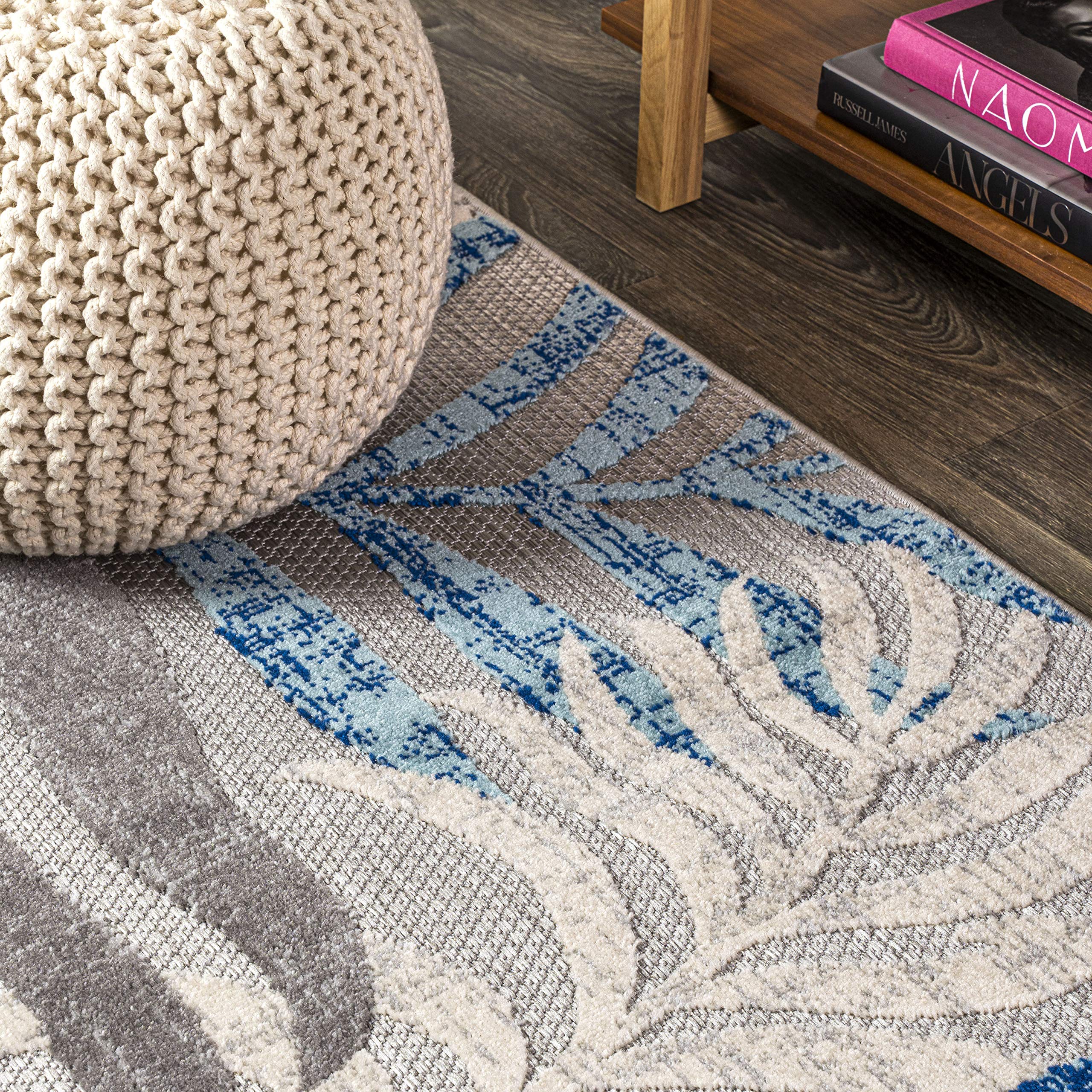 JONATHAN Y Tropics palm leaves rug 5x8 in gray-blue ready for high-traffic entryways.