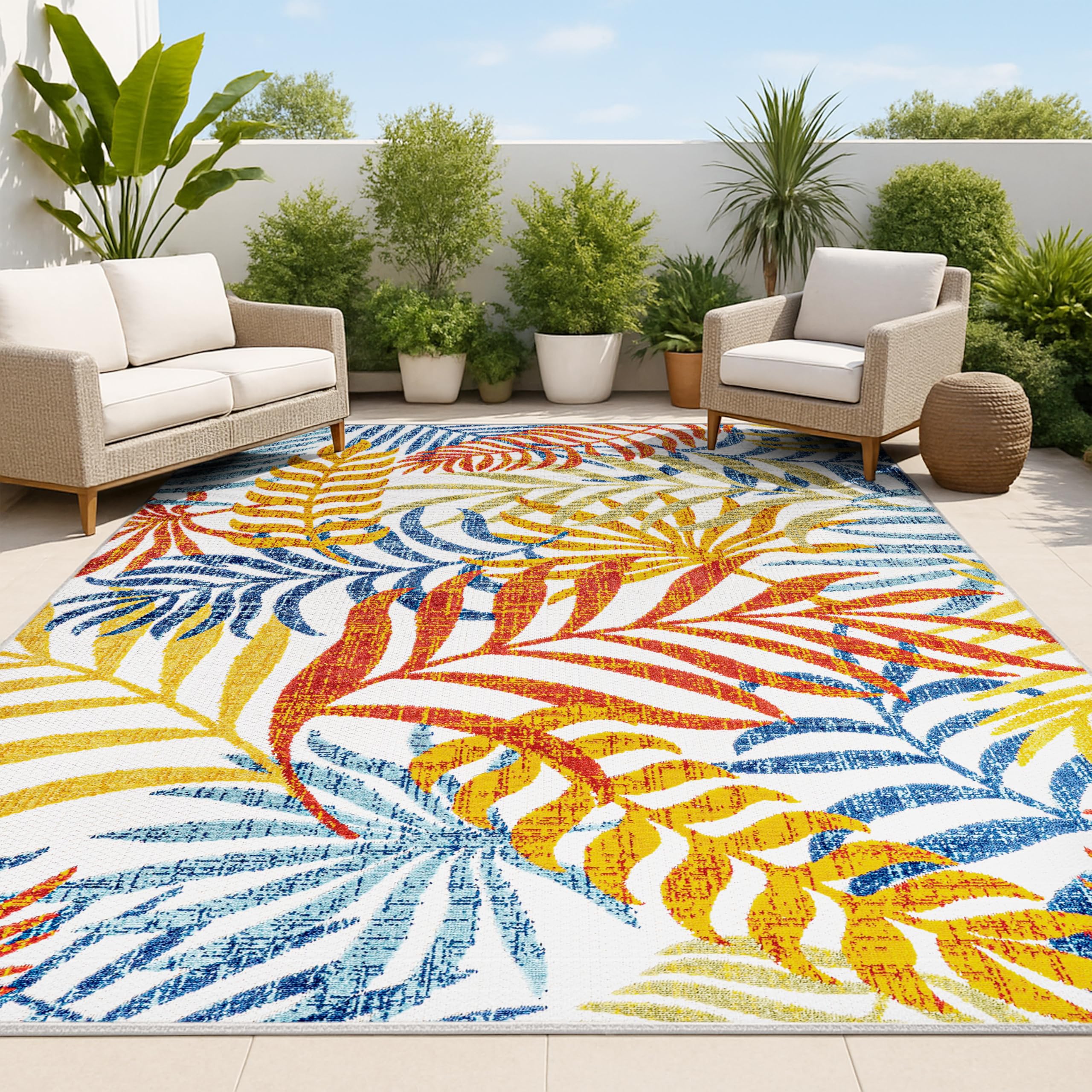 Jonathan Y Tropics palm leaves rug front view for outdoor spaces with easy cleaning.