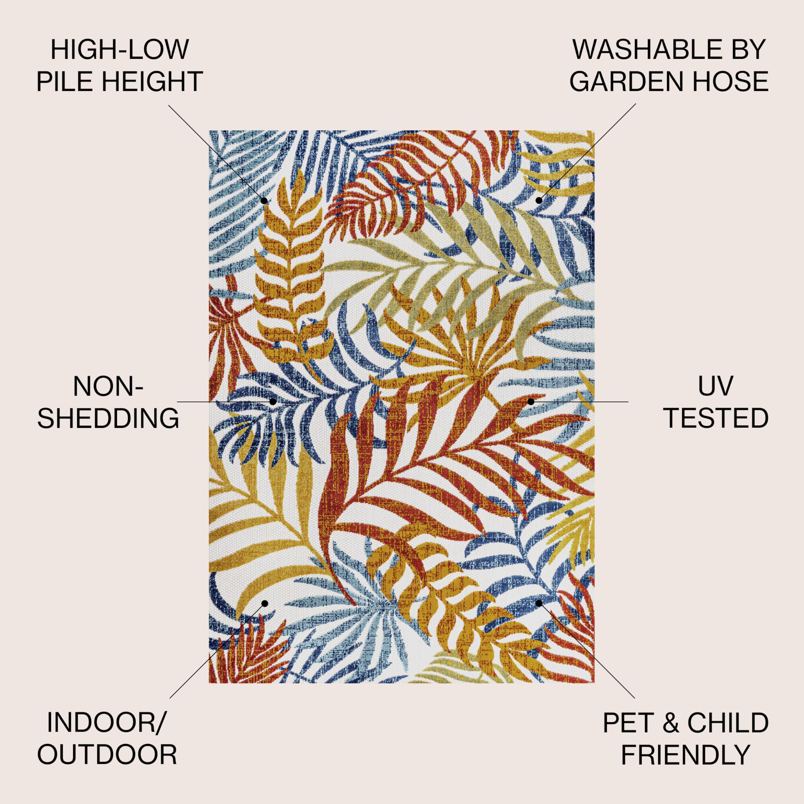 Jonathan Y Tropics palm pattern for outdoor areas with bold blue, coral, orange tones.
