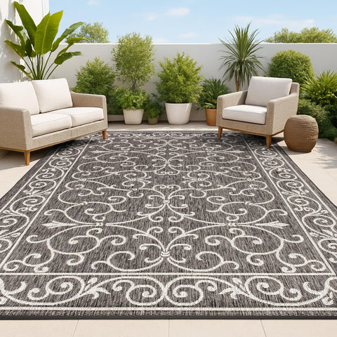 Jonathan Y Vintage Filigree rug 8x10 in black and gray, ideal for outdoor patios.