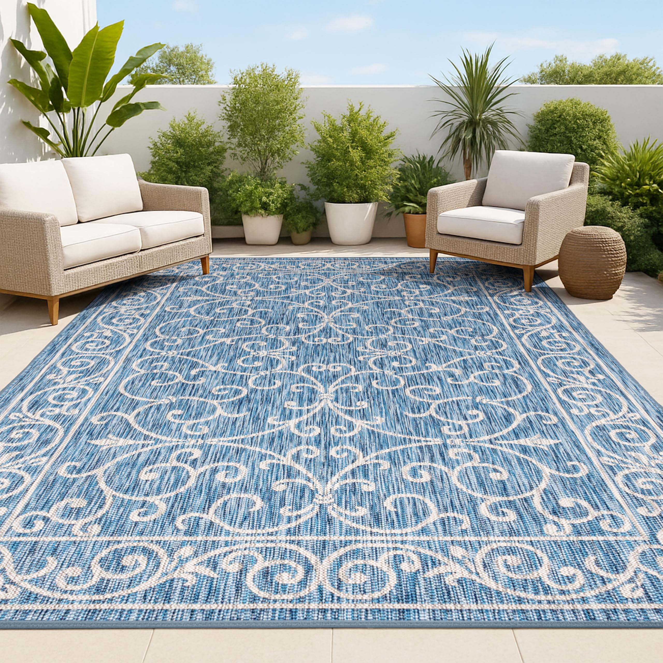 Jonathan Y vintage filigree rug 8x10 navy gray, ideal for durable outdoor spaces.