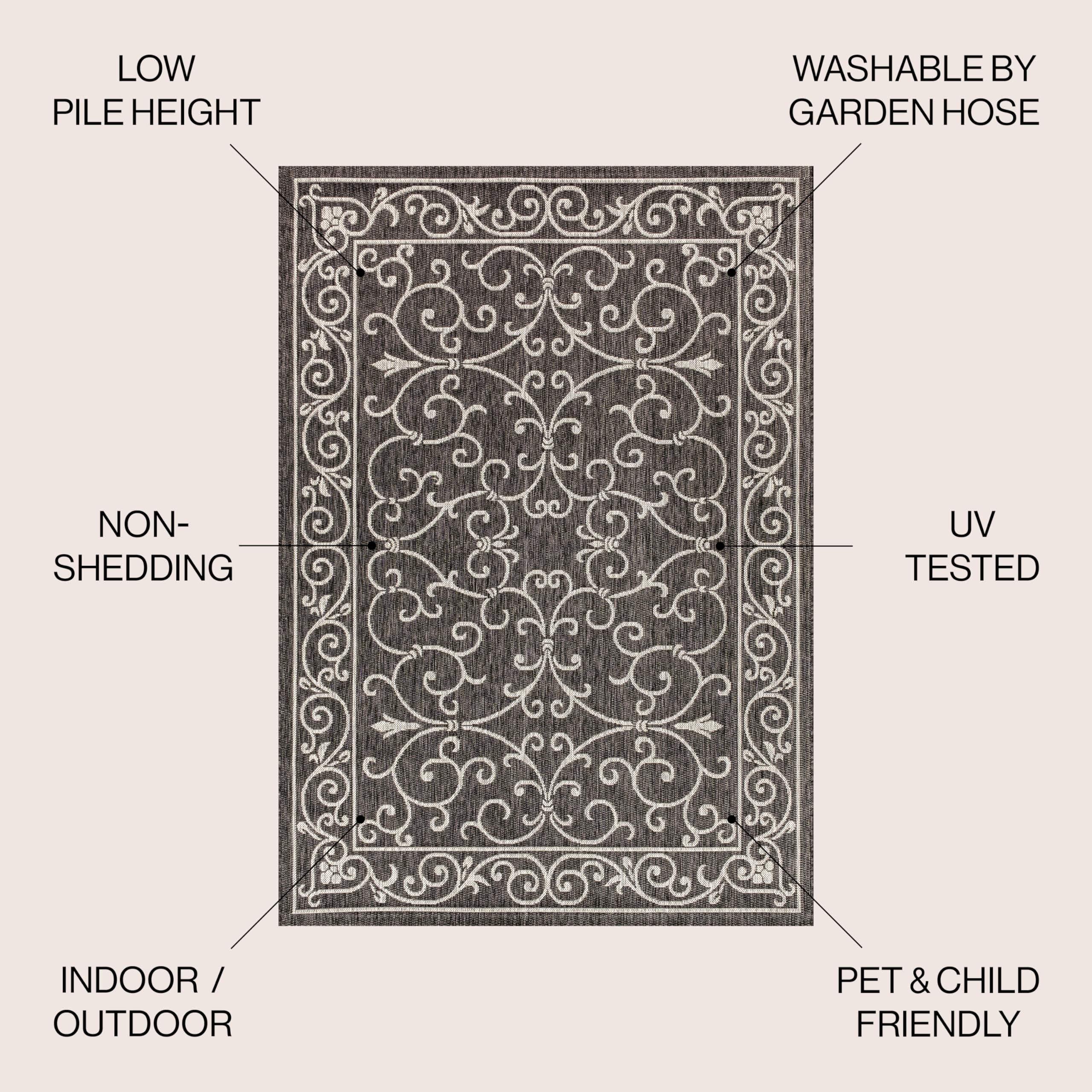 Jonathan Y outdoor rug showing filigree pattern, great for porch decor and high-traffic areas.