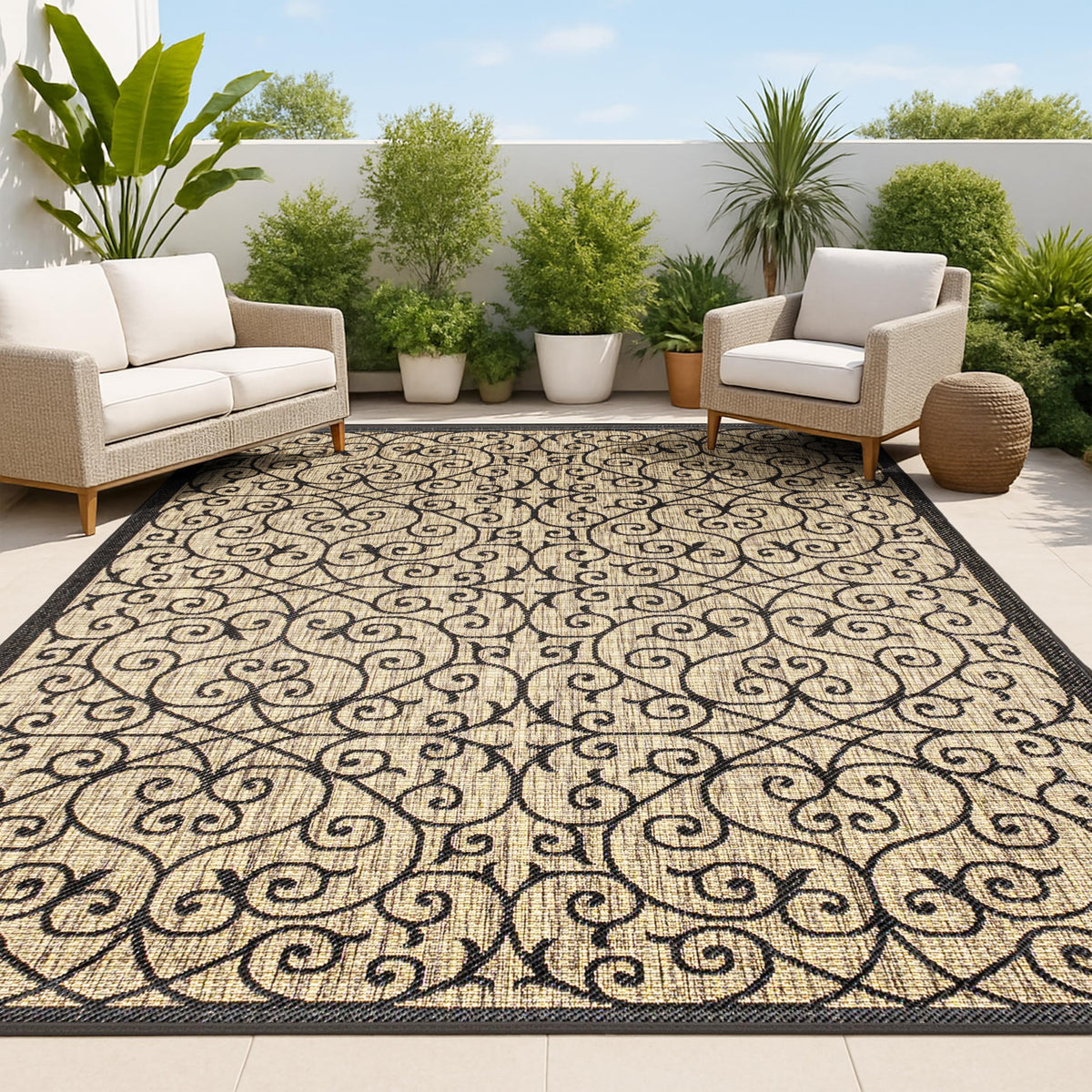 Jonathan Y Vintage Filigree rug on porch for outdoor style and durability.