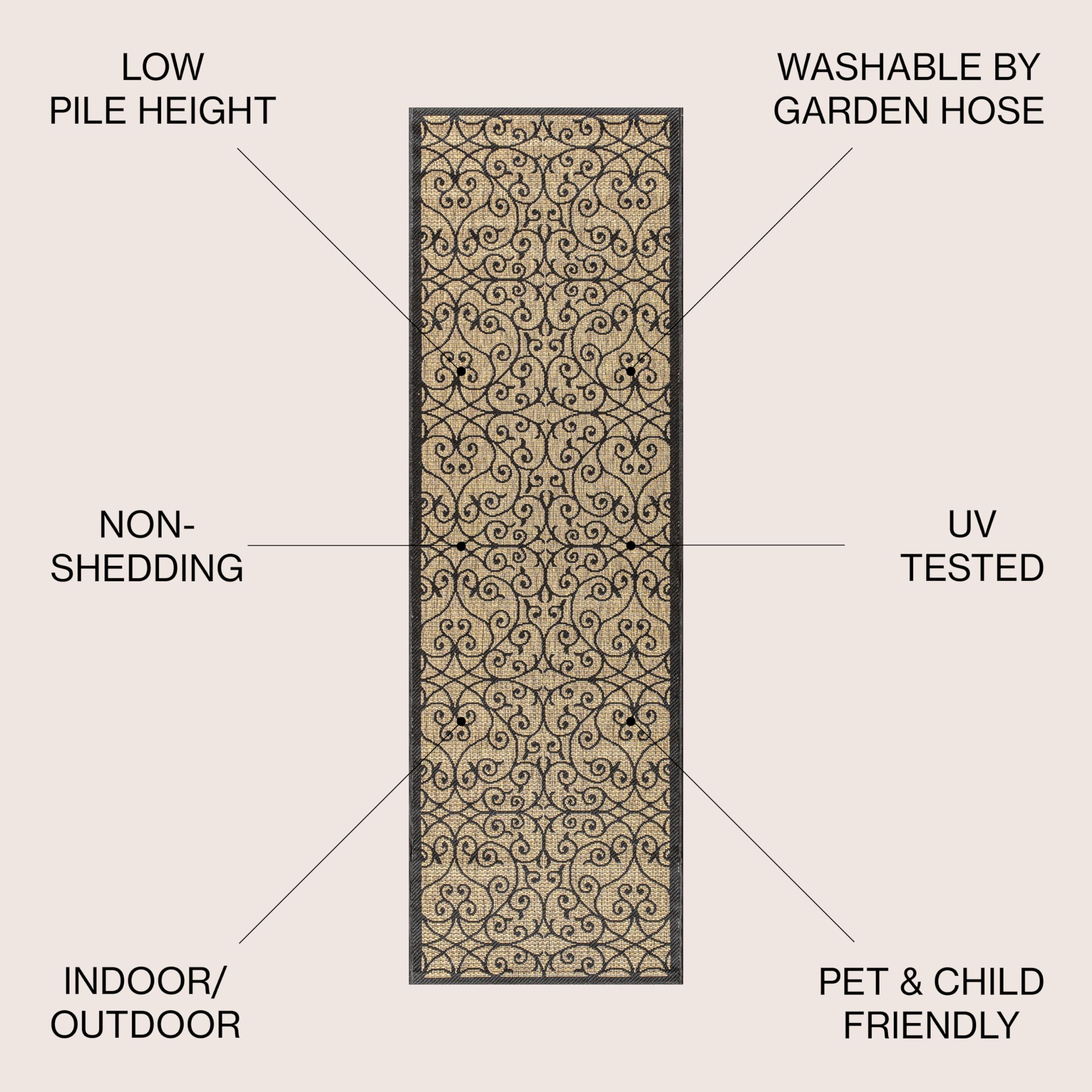 Jonathan Y Vintage Filigree runner in backyard; durable, stain-resistant for pets.