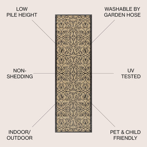 Jonathan Y Vintage Filigree runner in backyard; durable, stain-resistant for pets.