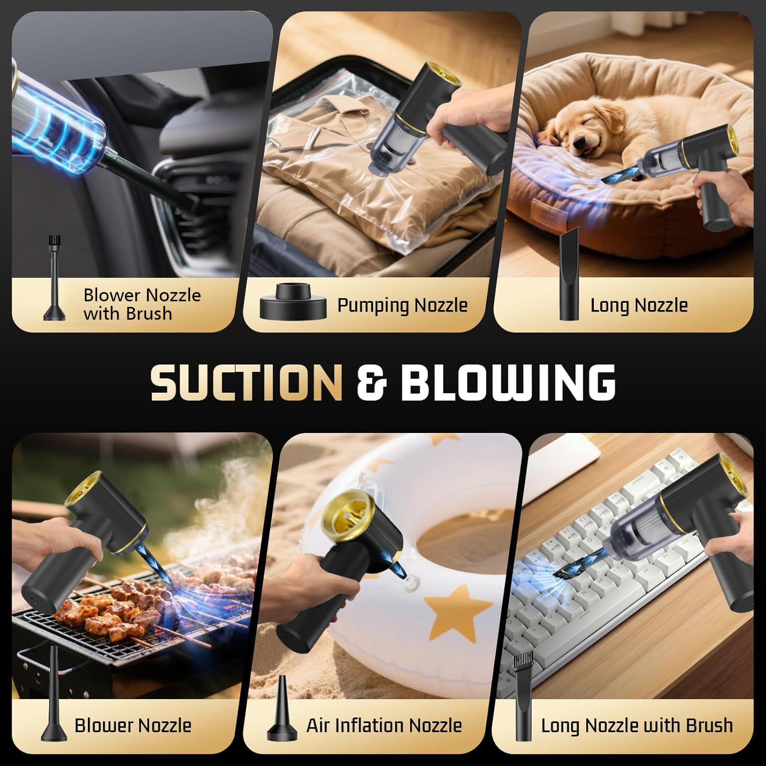 Joneme vacuum shows 6-in-1 attachments for multiple tasks including inflation.