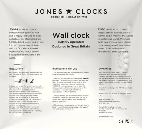 Jones Clocks Movie wall clock requires a branded AA battery for operation