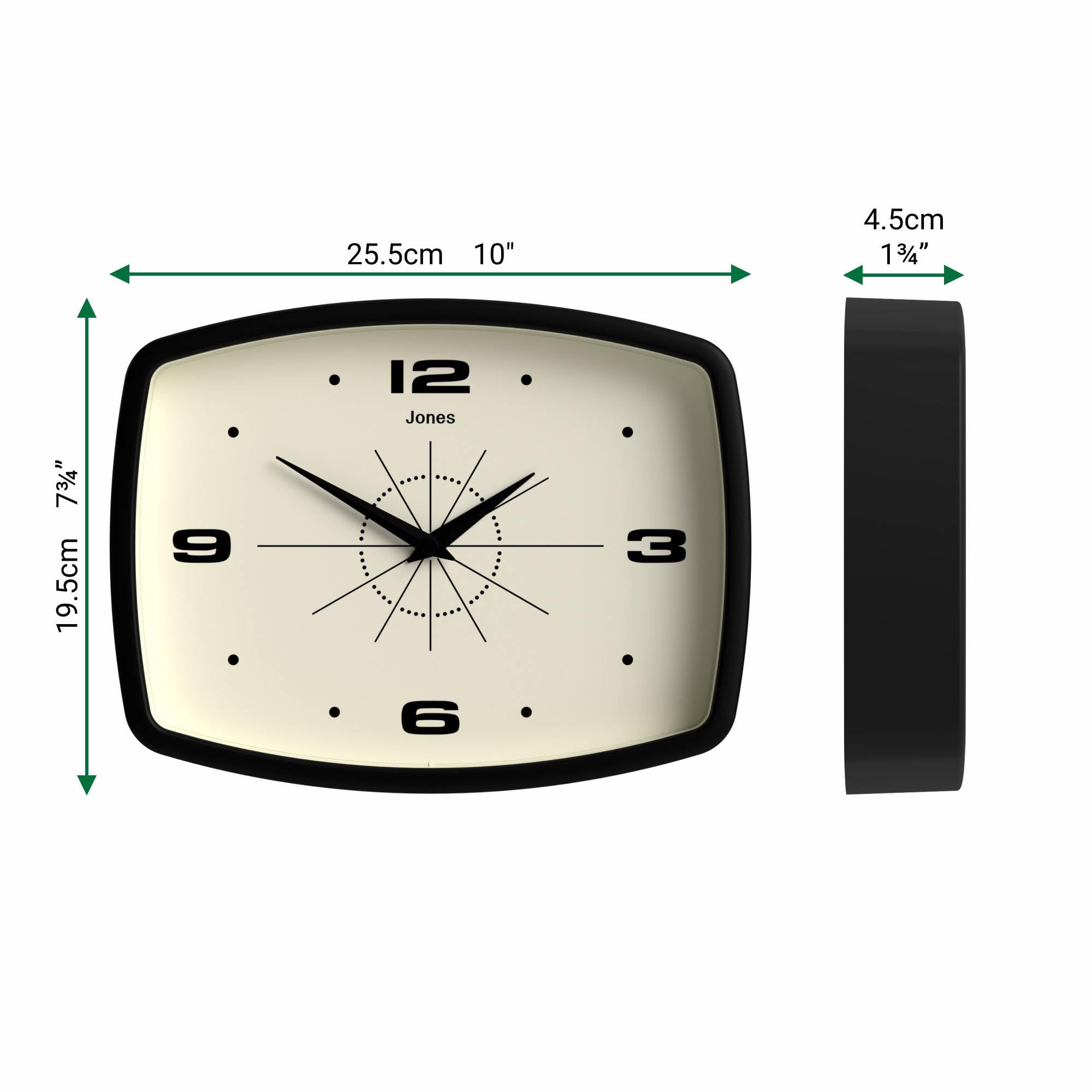 Jones Clocks Movie wall clock closeup highlights acrylic finish and glass lens