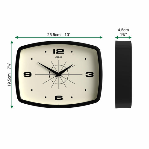Jones Clocks Movie wall clock closeup highlights acrylic finish and glass lens