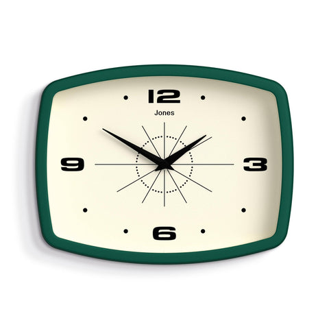Jones Clocks Movie wall clock in dark green front view adds mid-century charm.